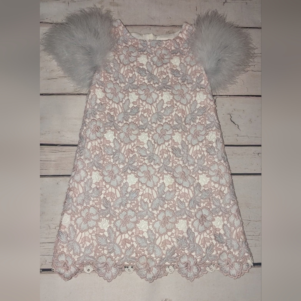 Elegant Lace Kids Dress with Faux Fur Sleeves